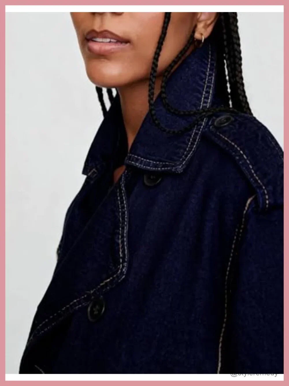 Cropped Denim Trench Coat Notch Collar Double Breasted with Pockets